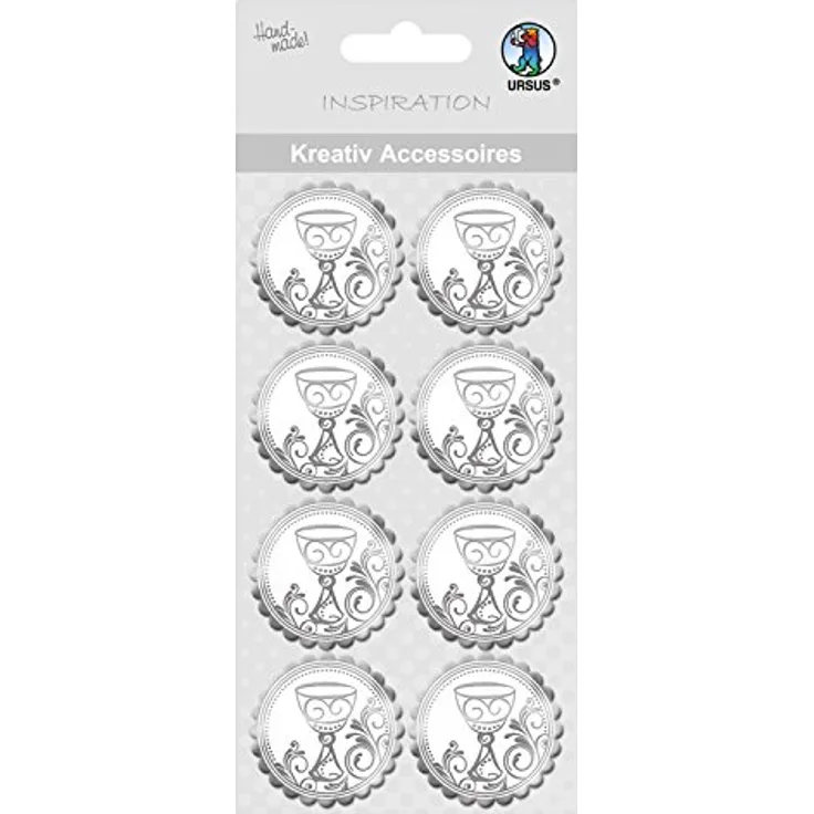 Ursus 564000300 - Kreativ Accessoires Charity, Kelch, silber, 8 Stück, selbstklebend, aus verschiedenen hochwertigen Materialien, zum Dekorieren von Karten und Geschenke