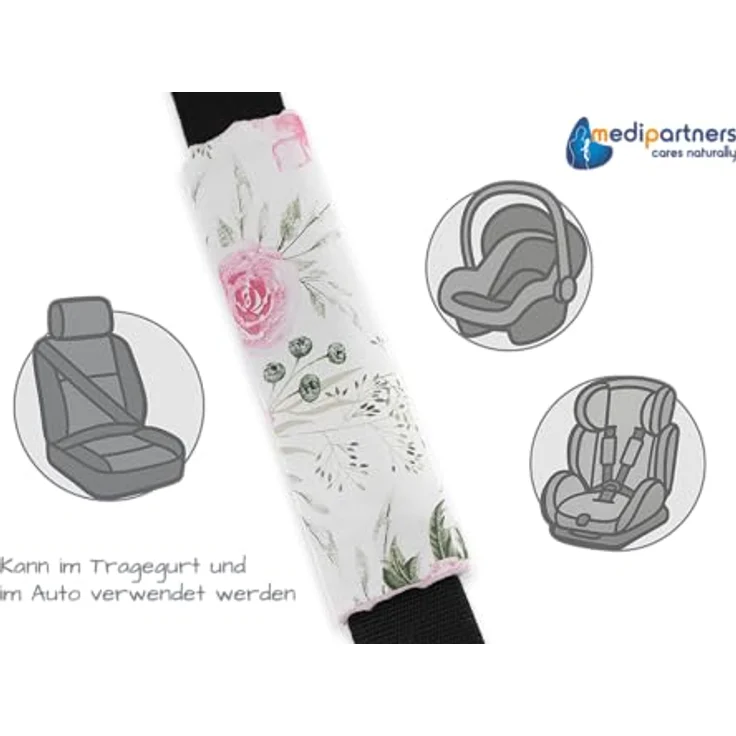Gurtpolster Schulterpolster für Auto 17x22cm Baby 100% Baumwolle Minky Medi Partners doppelseitig Autogurt Gurtschutz Sportwagen scheuerstellen (Blument mit hellrosa Minky) – Bild 5