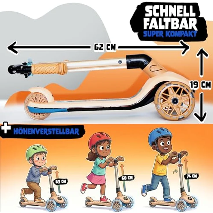 Apollo Whizzie LED Kinderroller, höhenverstellbarer Dreiradscooter für Kinder ab 3 Jahren, leuchtende LED-Räder und beleuchteter Lenker – Bild 5