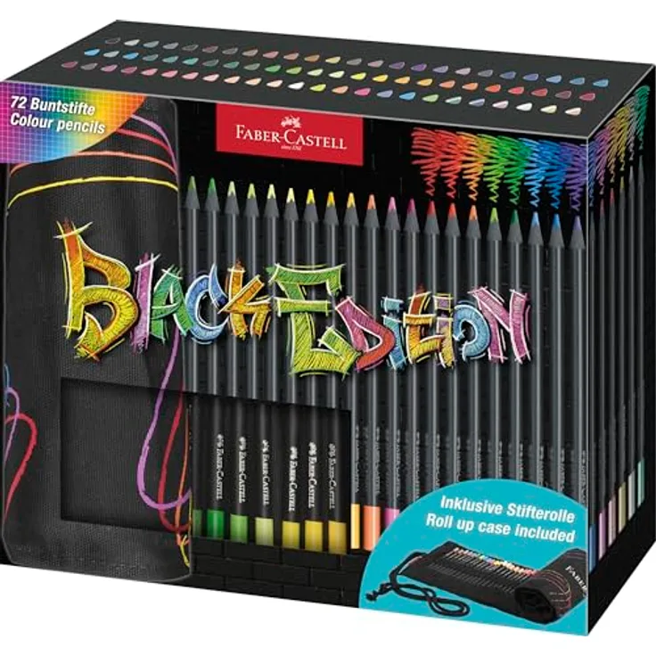 Faber-Castell 116418 Buntstifte Set, 72 Black Edition mit Metallic- und Neonfarben, ergonomisches Design, inklusive Stifterolle