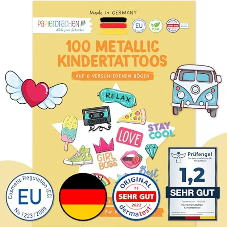 Papierdrachen 100 Metallic-Tattoos für Kinder, hautfreundlich und wasserfest, 6 Bögen in Silber, Made in Germany – Bild 1
