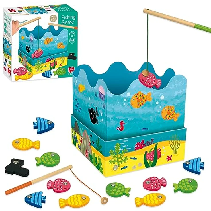 Goula Angelspiel, Brettspiel für Kinder ab 2 Jahren mit 2 magnetischen Angelruten und 12 bunten Holzfischen – Bild 3