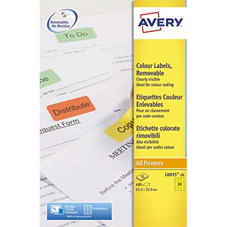AVERY Zweckform L6035-20 Gelbe Etiketten (480 Aufkleber, wieder rückstandsfrei ablösbar, 63,5x33,9mm, selbstklebende Farbetiketten, Papier matt) 20 Blatt - Preisvergleich – Bild 1