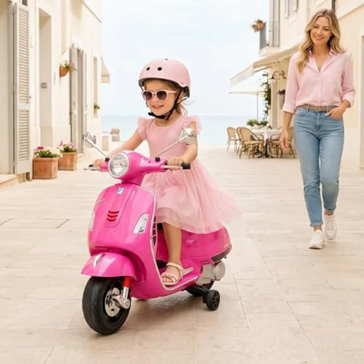 Sun Baby Vespa Maxi Elektroroller, 12V Akku Motorroller für Kinder mit Kofferraum, Licht, Sound, rosa – Bild 6