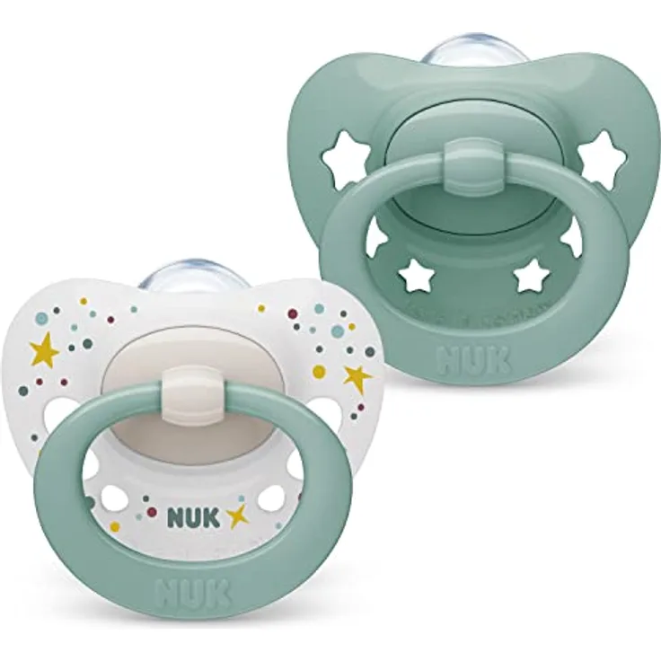 NUK Signature Schnuller | BPA-freier Schnuller aus Silikon | 0-6 Monate | grüne Sterne | 2 Stück