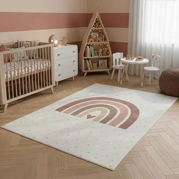 SIMPEX Kinderteppich Regenbogen Spielteppich, cremefarben mit Herzmotiv, 120x170 cm, rutschfest und pflegeleicht, OEKO TEX Standard 100 zertifiziert