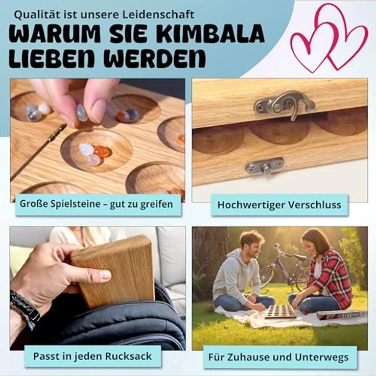 Spielario Kimbala Steinchenspiel Kalaha Mancala, Eichenholz, für 2 Spieler, inkl. Stoffbeutel und Anleitung – Bild 4