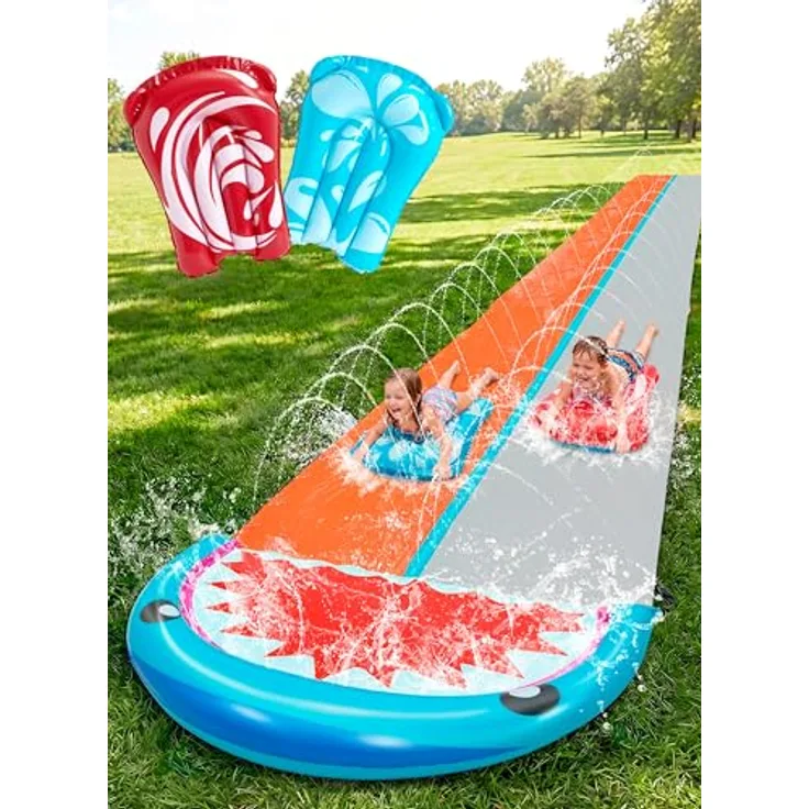 Sloosh 22,5ft Wasserrutsche mit 2 aufblasbaren Boards, doppelte Rutsche mit Sprinklern im Hai-Design für Kinder und Erwachsene, Sommerspielzeug für den Garten