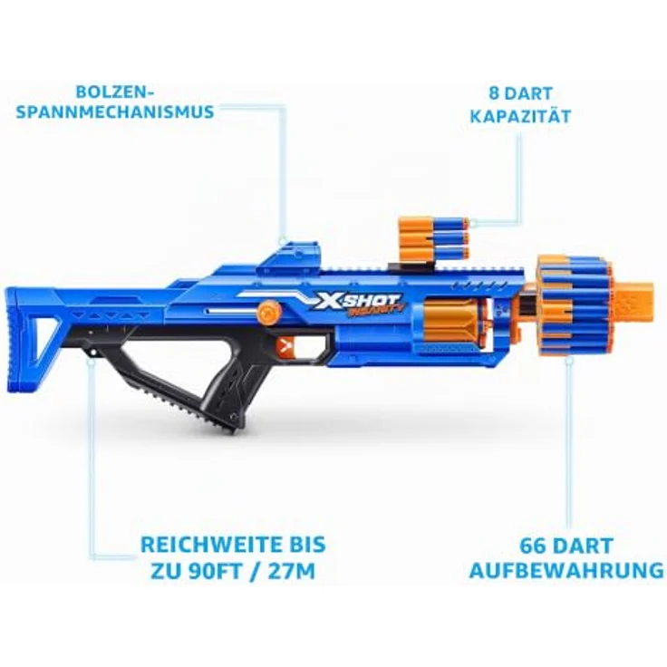 X-Shot Insanity Berzerko Blaster, Single-Action Dartblaster mit 8er Rotationstrommel, 48 Darts und 27m Reichweite, modulares System mit 3 Darthaltern für Outdoor Action & Teamsport – Bild 3