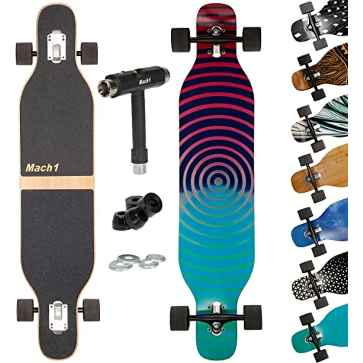 Mach1 Bambus Longboard mit Keramik Kugellager + T-Tool - Skateboard Drop Through Cruiser Komplettboard - 2852, symmetrisch gestaltet mit Camber für verbesserten Schwung - Bambus/Ahorn, 106 cm, 80A-Rollen - Schwarz/Grau