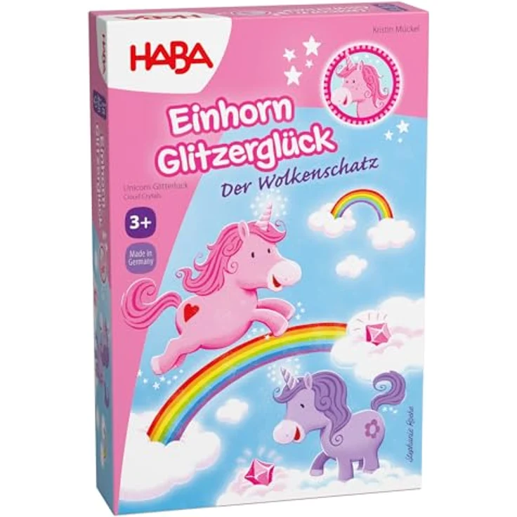 HABA Einhorn Glitzerglück Der Wolkenschatz, Sammelspiel für 2-4 Spieler ab 3 Jahren mit 60 glitzernden Wolkenkristallen und 4 Einhörnern – Bild 1