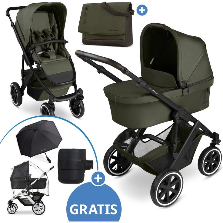 ABC Design Kombi-Kinderwagen Salsa 5 Air, 2 in 1 mit Babywanne & Sportsitz, inklusive gratis Zubehör - Pure - Avocado