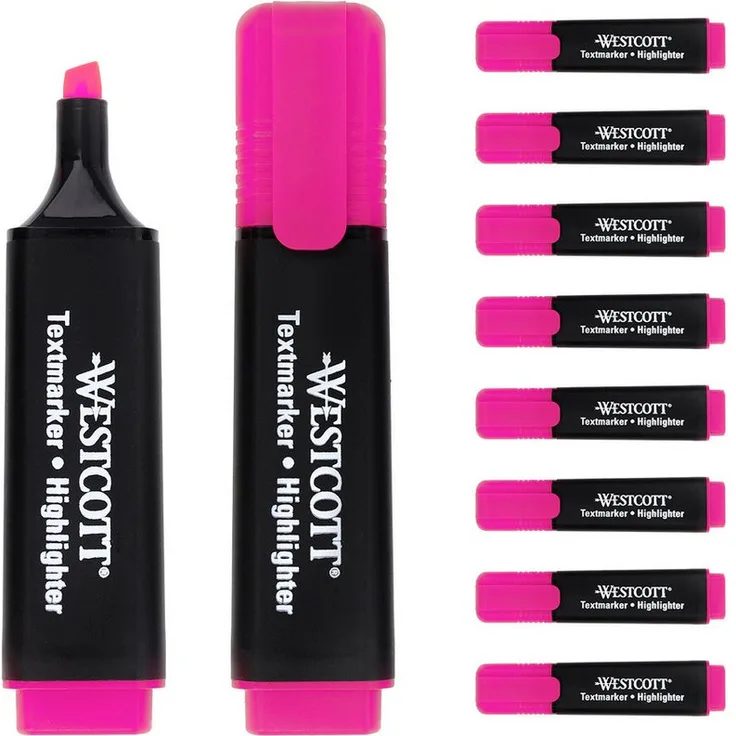 WESTCOTT Textmarker 10er Pack pink, Highlighter mit 2-5 mm Strichstärke, wischfester Premium Tinte aus Deutschland