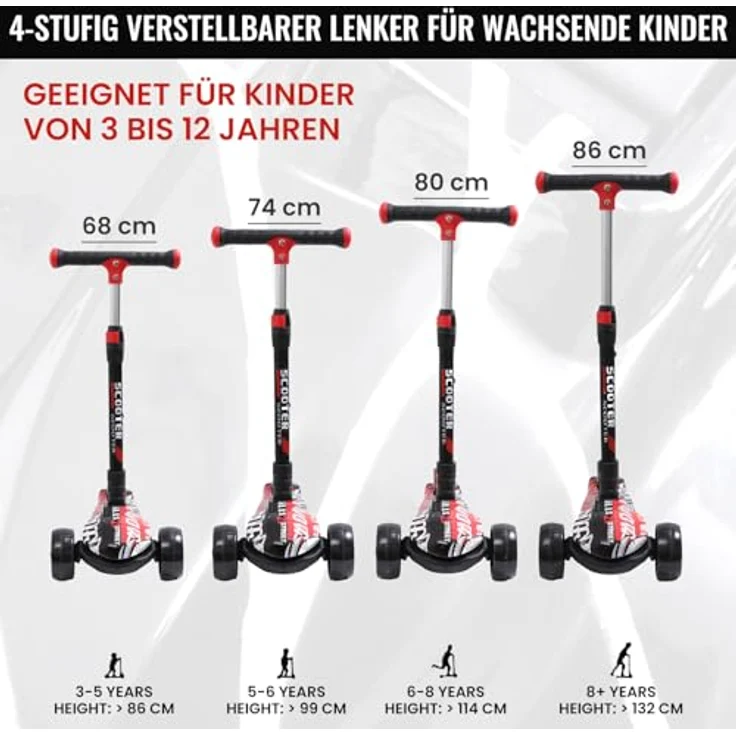 Habib Gruppe Kinderroller, Klappbar Tretroller mit LED Leuchträdern, Höhenverstellbar für 3-12 Jahre, Graffiti Design, rutschfeste Griffe & Hinterradbremse, max. 50 kg – Bild 4