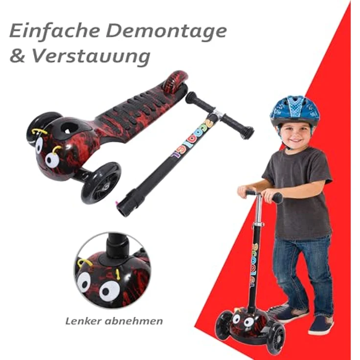 Habib Gruppe Kinderroller 3-Räder, Kinderscooter für Jungen & Mädchen 3-8 Jahre mit LED-Rädern, Höhenverstellung, rutschfest, max. 50 KG – Bild 2