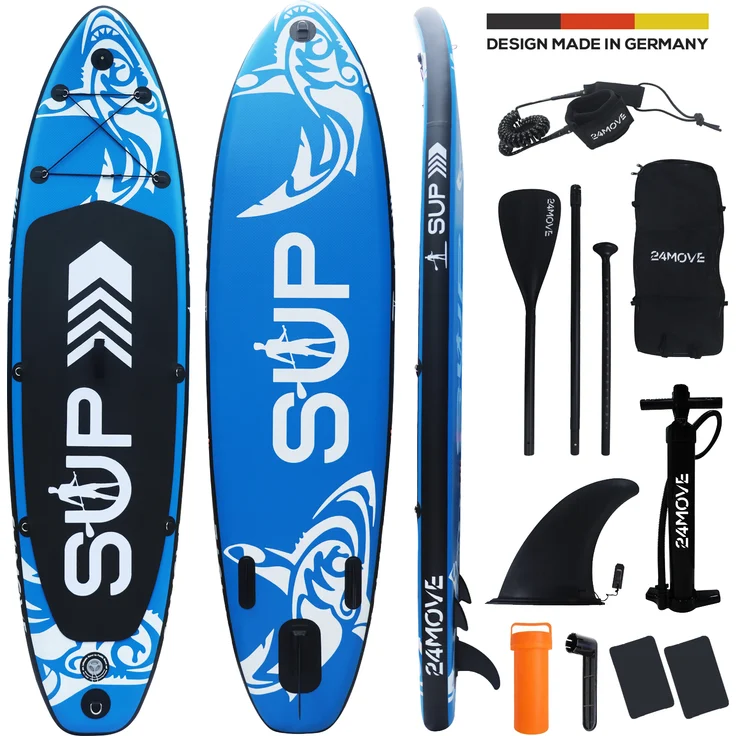 24MOVE® Standup Paddle Board SUP, aufblasbar, inkl. Paddel, Hochdruckpumpe und Zubehör, BLAU, 305x76x15 cm