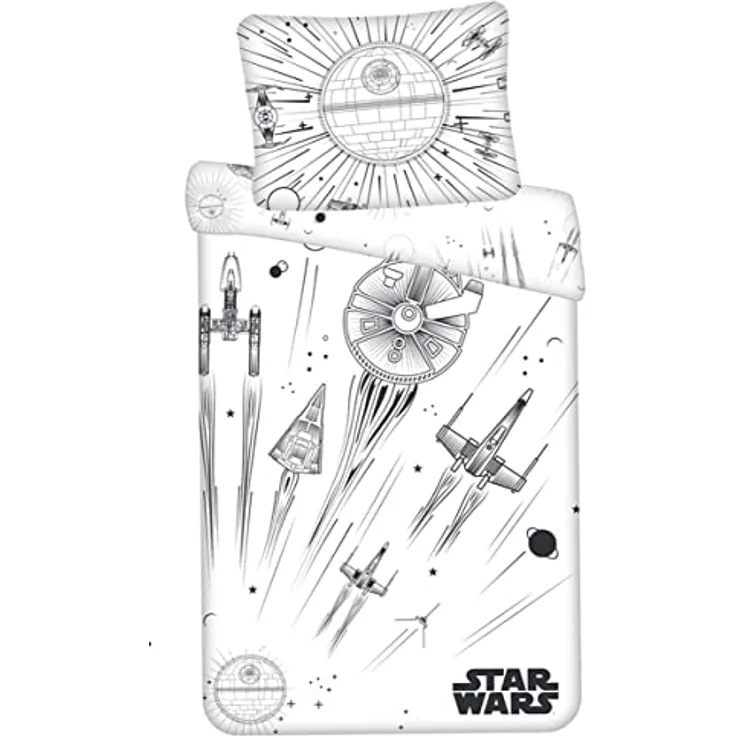 Jerry Fabrics Star Wars Todesstern, Raumschiffe, Weltraum, leuchtet im Dunkeln, Schwarz und Weiß Bettwäsche-Set, 100% Baumwolle, 140 x 200 cm Bettdecke und 70 x 90 cm Kissen mit Reißverschluss, für Kinder-Fans und Erwachsene