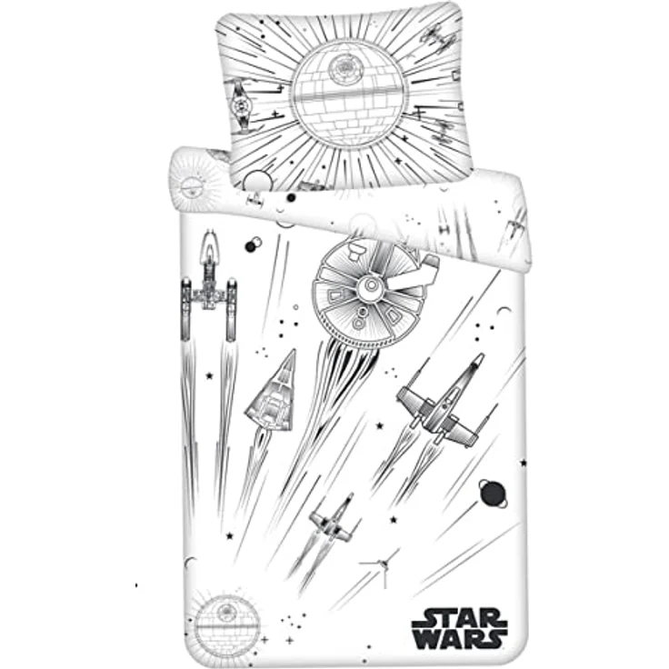 Jerry Fabrics Star Wars Todesstern, Raumschiffe, Weltraum, leuchtet im Dunkeln, Schwarz und Weiß Bettwäsche-Set, 100% Baumwolle, 140 x 200 cm Bettdecke und 70 x 90 cm Kissen mit Reißverschluss, für Kinder-Fans und Erwachsene – Bild 1
