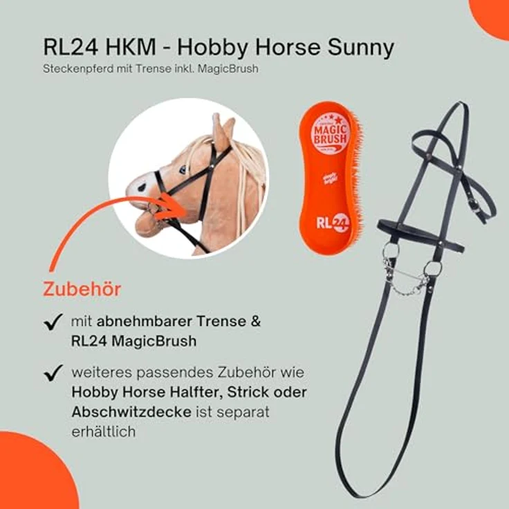 RL24 HKM Hobby Horse Sunny, Steckenpferd aus Plüsch mit Holzstock, Trense und langer Mähne, hellbraun – Bild 5