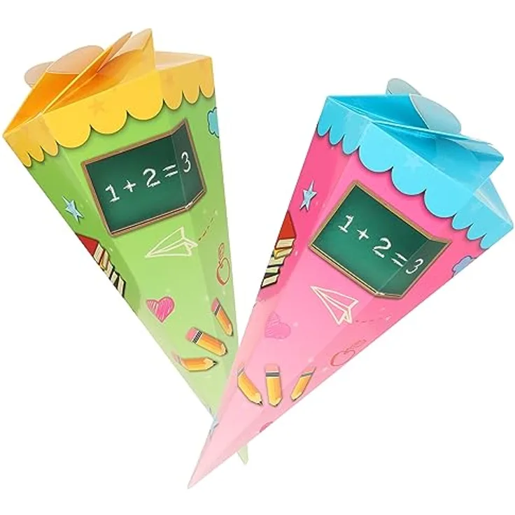 com-four® 2X Mini Schultüten 30 cm, Geschwisterschultüten aus Pappe in grün-gelb und pink-blau, handlich und faltbar