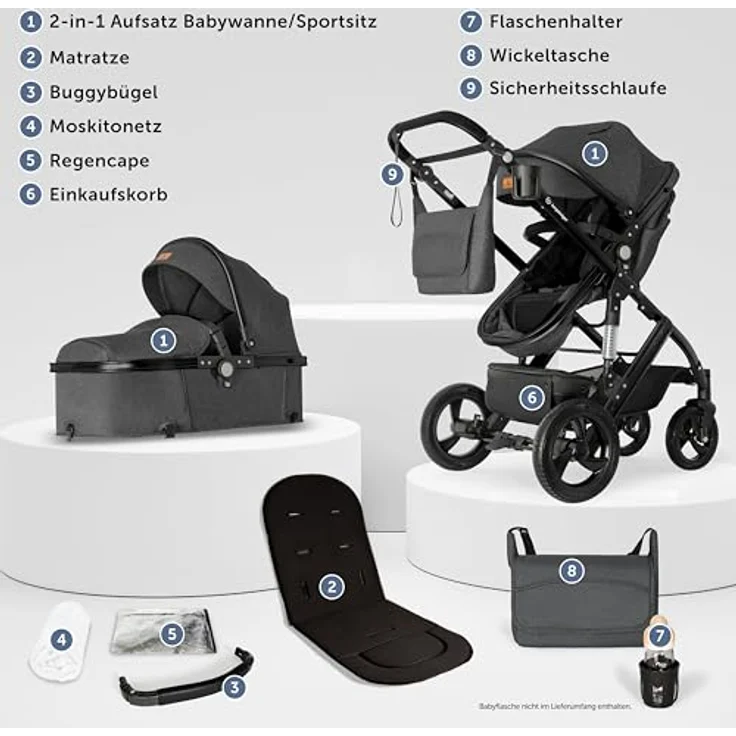 Bergsteiger Nizza 3 in 1 Kinderwagen, Kombikinderwagen Komplettset, Babywanne & Buggy Sportsitz inklusive, Auto-Babyschale & Isofix Station optional, grau – Bild 3
