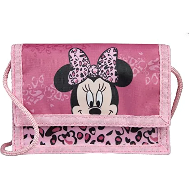 Kinder Geldbeutel Mädchen Disney Minnie Mouse zum Umhängen mit Klettverschluss | Portemonnaie Kinder-Geldbörse mit Sichtfenster für Busausweis Fahrkarte