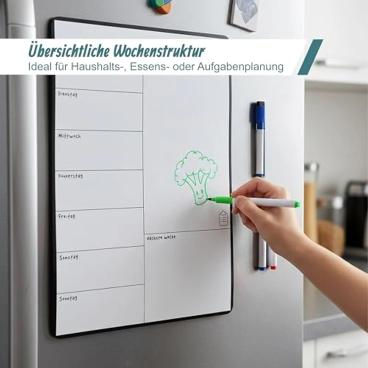 relaxdays Memoboard Speiseplan Wochenplaner magnetisch, Schwarz, abwischbares Whiteboard mit 4 Markern für Essensplanung und Aufgabenorganisation, 42 x 30 cm – Bild 2