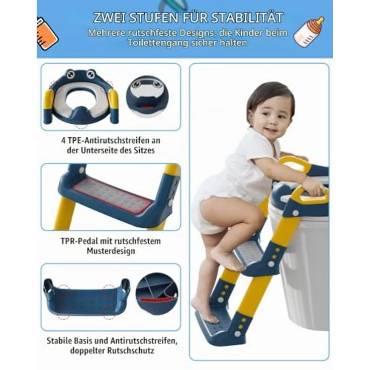 Xespis Toilettensitz Kinder mit Treppe, höhenverstellbar und faltbar, gepolstert mit Spritzschutz, rutschfest in Blau – Bild 5