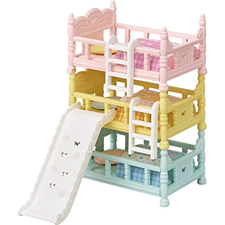 Sylvanian Families 5741 Dreistöckiges Babyhochbett mit 3 Babybetten, Leitern, Rutsche, Kissen und Decken, passend für Puppenhäuser – Bild 1