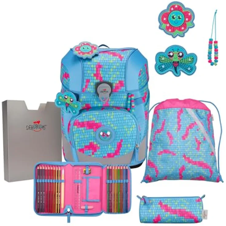 DerDieDas ErgoFlex Tiny Schulranzenset 5-teilig Happy Pixel mit ergonomischem Rücken und atmungsaktiven Gurten