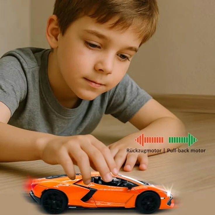 JAMARA Lamborghini Revuelto Diecast 1:32 Modellauto mit manuell öffnenden Türen, LED-Lichtern und Rückzugmotor, inkl. Knopfzellen – Bild 2
