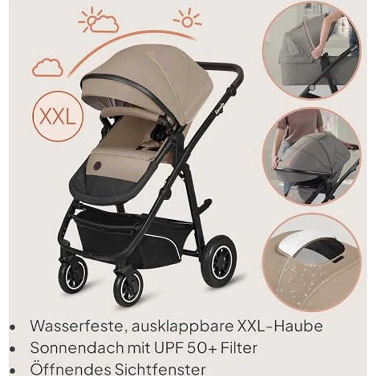 Lionelo Bianka 3-in-1 Kinderwagen, Beige Sand mit ADAC-zertifiziertem Kindersitz und doppelter Stoßdämpfung – Bild 6
