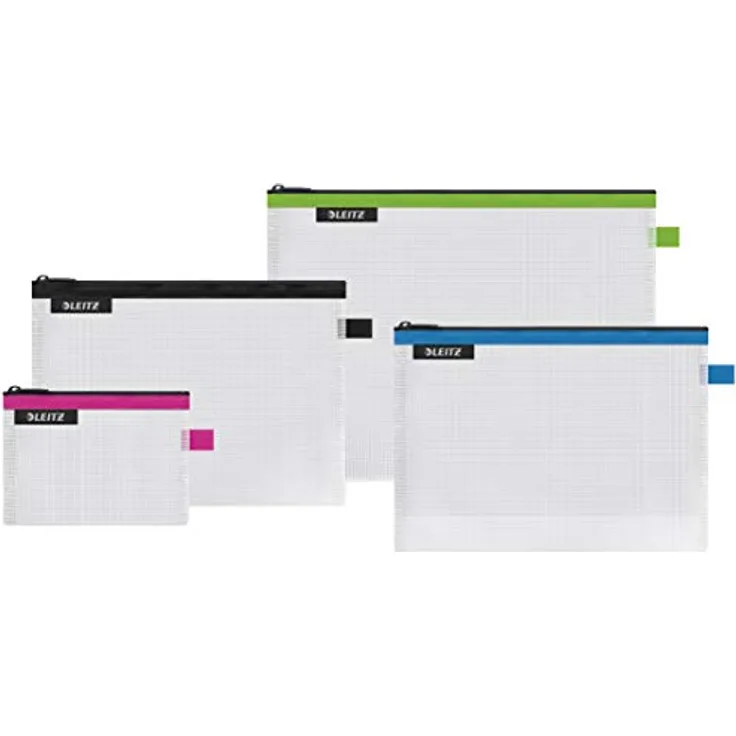 Leitz 4er-Set WOW Traveller Zip-Beutel, Transparent, Ideal zur Organisation, Wasserabweisend, Größe: S (pink), M (schwarz), L (grün) und die Kosmetiktasche (blau), 40160099