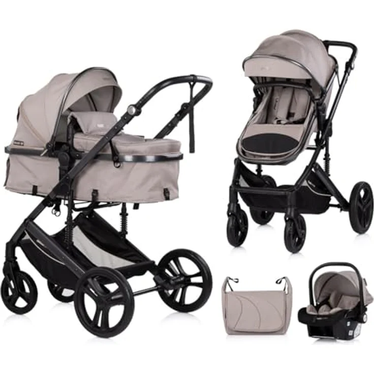 Chipolino Kinderwagen 3 in 1 Amore, Kombikinderwagen mit Babyschale, Adapter, Wickeltasche und Fußabdeckung, braun – Bild 1