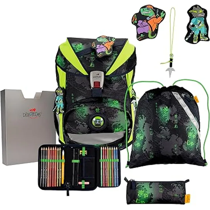 DerDieDas® Schulranzen ErgoFlex (5-tlg), PET, leichtgewichtiges Set mit Schulranzen, Sportbeutel, Federmäppchen, Hefte Box und Schlampermäppchen