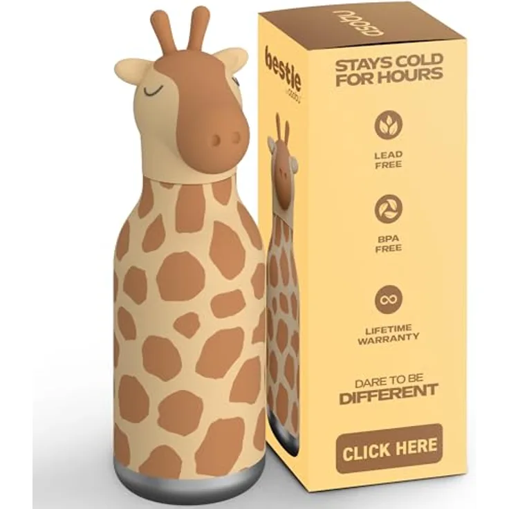 ASOBU Bestie Kindertrinkflasche mit Giraffenkopf, isolierte Edelstahlflasche 420ml, auslaufsicher & BPA-frei, spülmaschinenfest