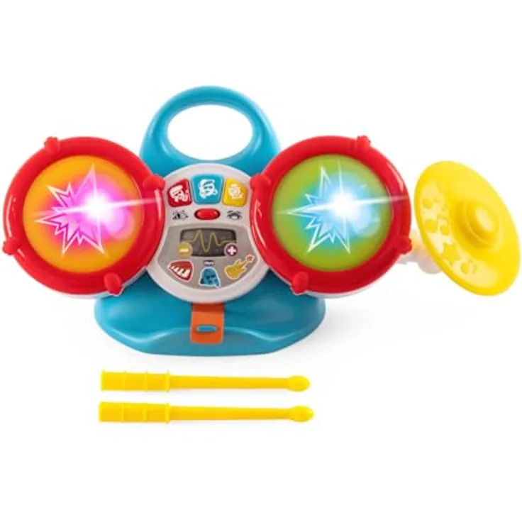Chicco Elektronisches Musikspiel, Meine erste Batterie mit 2 Trommeln und 1 Becken, über 35 Klänge, 5 Lautstärkestufen, farbige Lichter, 3 Spielmodi, für Kinder 18-36 Monate