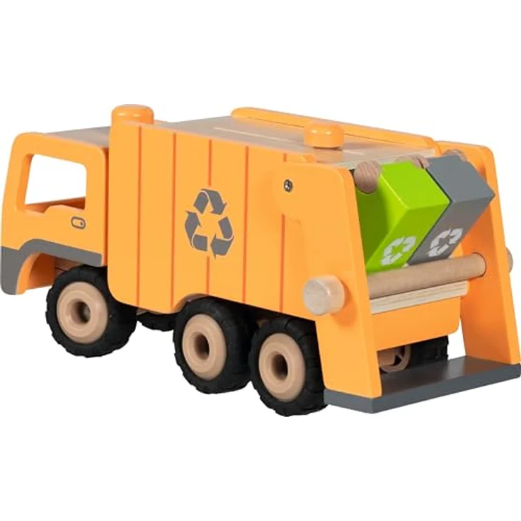 goki 55848 Müllwagen Eco aus Holz, lenkbar über Drehknopf, mit Heck-Hebevorrichtung und 2 Mülltonnen, 36 × 16 × 17,5 cm – Bild 4