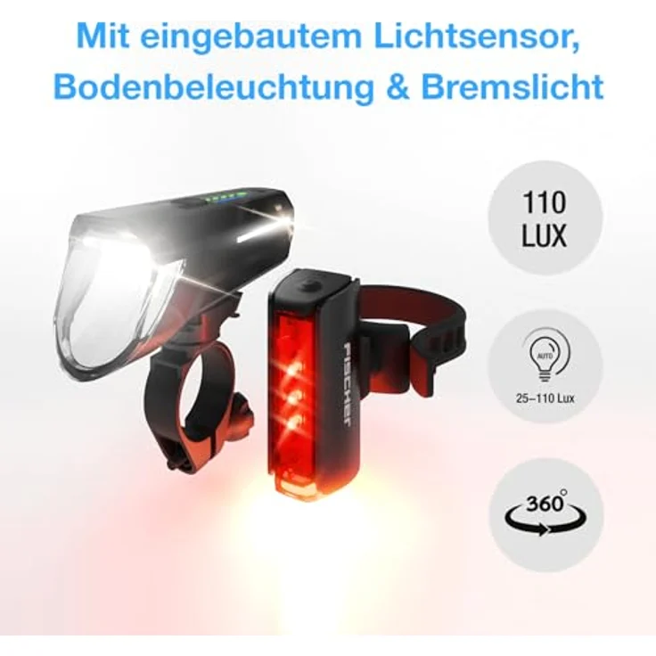 Fischer Fahrrad LED-Akku Beleuchtungs-Set Twin Stop 100 Lux, mit Sensormodus, Leuchtweiteneinstellung, bis zu 8 Stunden Leuchtdauer, schwarz, 1 Stück – Bild 4