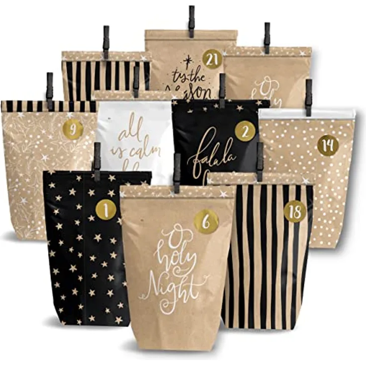 OEM Weihnachtskalender, Adventskalender-Set mit 24 braunen Kraftpapiertüten (14x22cm) und Zahlenaufklebern