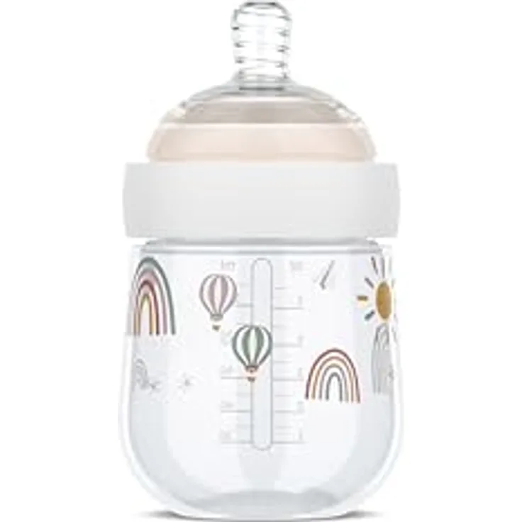 Mepal Babyflasche Mio, 165 ml, Anti-Kolik mit spiralförmigem Design, medizinisches Silikon, transparente Kappe zur Aufbewahrung - Sunshine & Rainbow