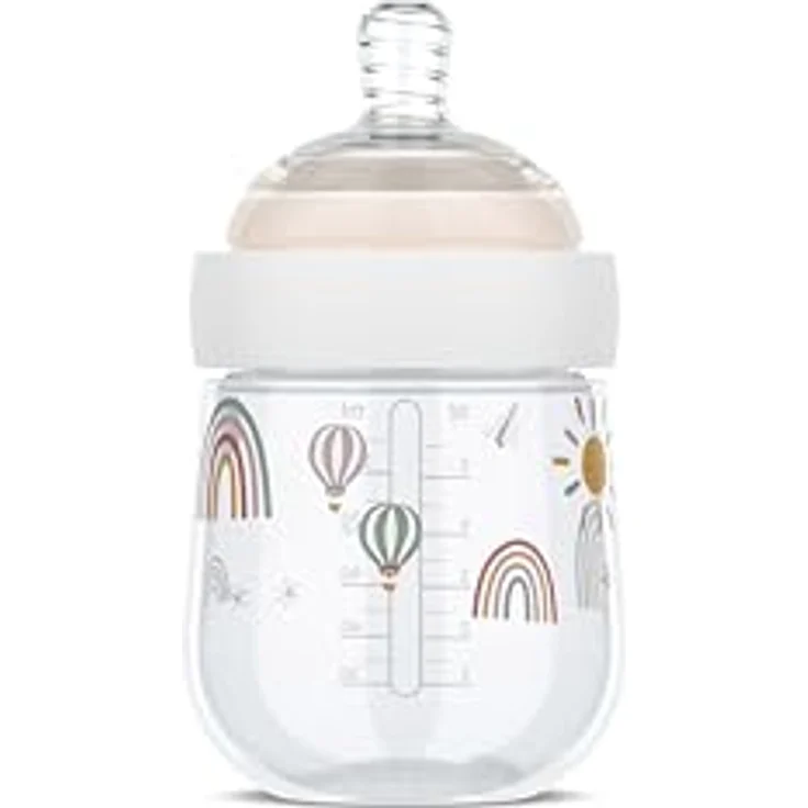 Mepal Babyflasche Mio, 165 ml, Anti-Kolik mit spiralförmigem Design, medizinisches Silikon, transparente Kappe zur Aufbewahrung - Sunshine & Rainbow – Bild 1