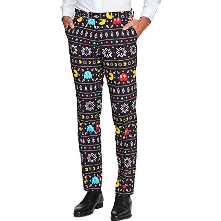 OppoSuits Winter Pac-Man, dreiteiliger Slim-Fit Anzug mit Jackett, Hose und Krawatte, komplett gefüttert, schwarz – Bild 4