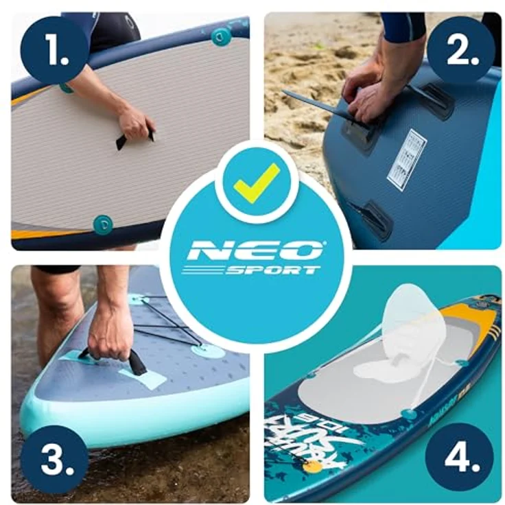 Neo-Sport Aquasurf 10.6, Aufblasbares Stand Up Paddle Board Set 320 cm mit Zubehör, rutschfestem EVA-Deck, für bis zu 140 kg Tragkraft, inkl. Handpumpe, Aluminium-Paddel und Rucksack – Bild 5