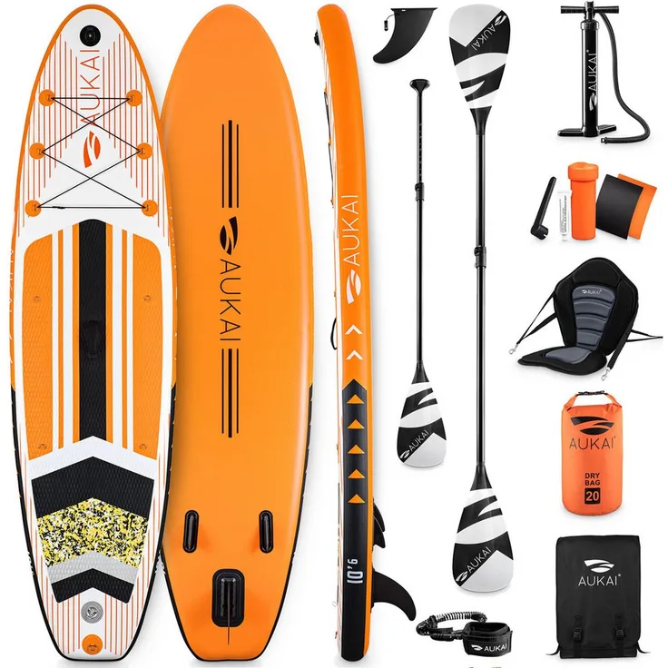 Aukai SUP-Board PRO 320cm, 2in1 Aufblasbares Stand up Paddle Set mit Kajak-Sitz, Action-Cam-Halterung, Fußschlaufe, Pumpe, Rucksack, AquaBag - Weiß, Komplettsett mit 5 Jahre Garantie
