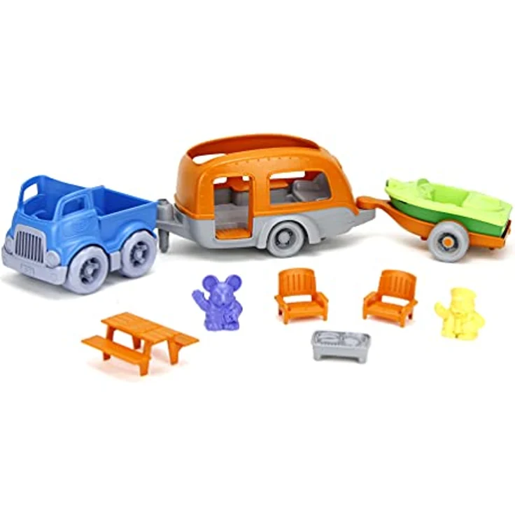Green Toys RV Camper Set, 3-in-1 Fahrzeugspielset mit Pickup, Camper und Sportboot, 10-teilig – Bild 1