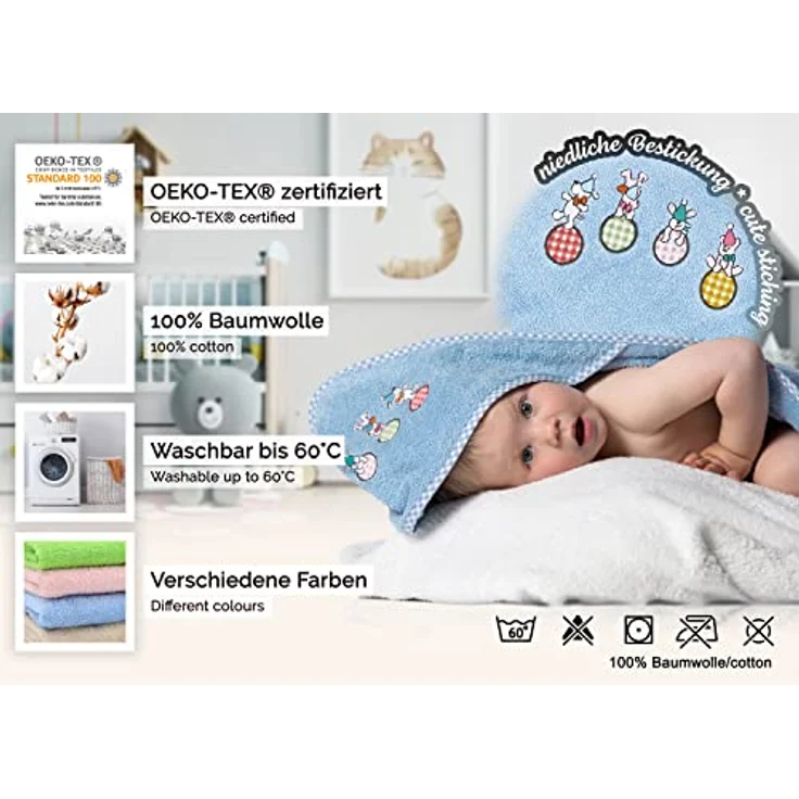 ZOLLNER Baby Kapuzenbadetuch, Kapuzenhandtuch, 100x100 cm, Baumwolle, blau – Bild 2