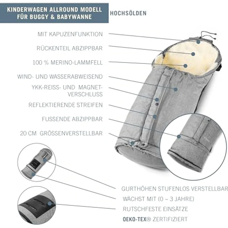 Fellhof Kinderwagenfellsack HOCHSÖLDEN, schwarz, aus 100% Merino-Lammfell, wind- und wasserabweisend, für Kinder bis 36 Monate, waschbar bei 30° – Bild 2