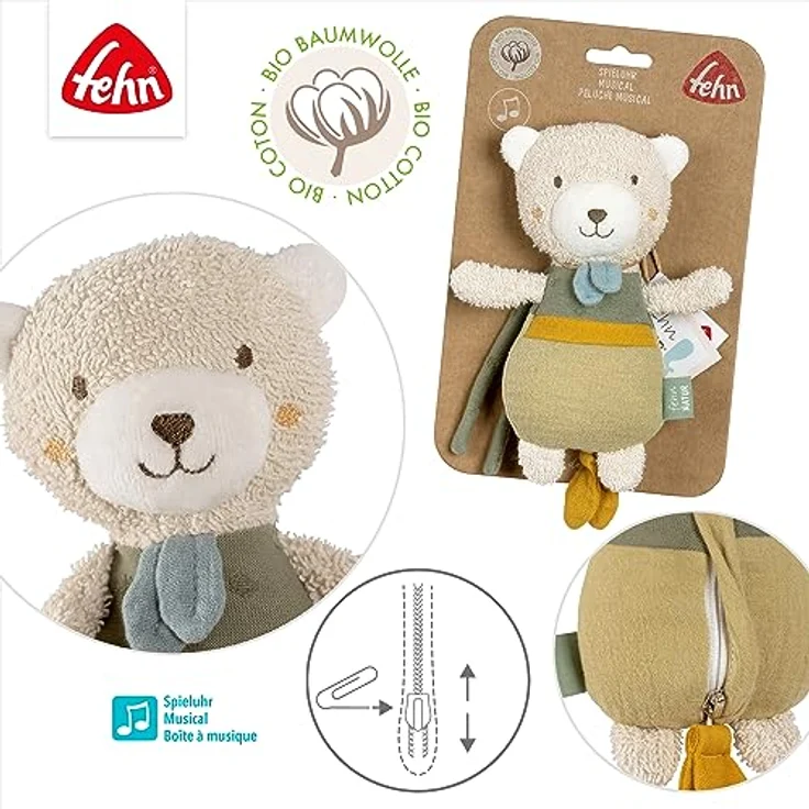 Fehn Mini-Spieluhr Bär fehnNATUR – Kuscheltier & Einschlafhilfe mit Baumwolle (kbA) – Melodie „Schuberts Wiegenlied“ beruhigt in jeder Situation – für zuhause & unterwegs – für Babys & Kleinkinder – Bild 4