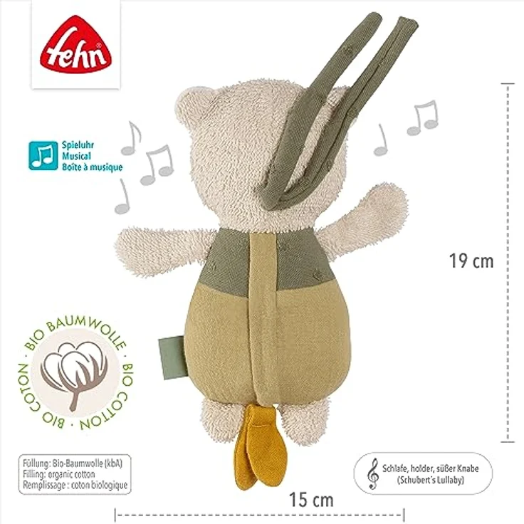 Fehn Mini-Spieluhr Bär fehnNATUR – Kuscheltier & Einschlafhilfe mit Baumwolle (kbA) – Melodie „Schuberts Wiegenlied“ beruhigt in jeder Situation – für zuhause & unterwegs – für Babys & Kleinkinder – Bild 5